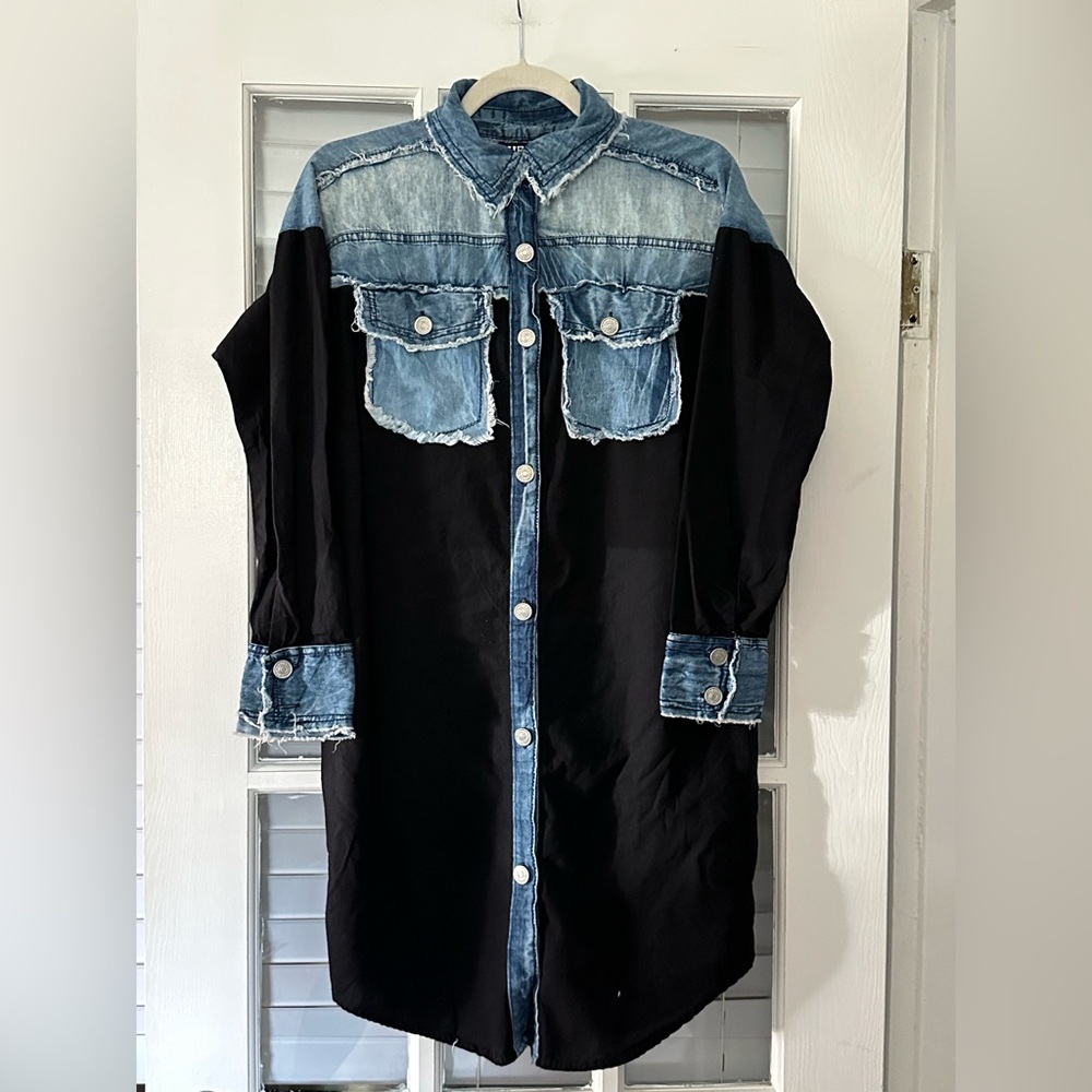 Thrill Women’s M Acid Wash Denim Cotton Blue Black Shirt Dress | SKU 0741